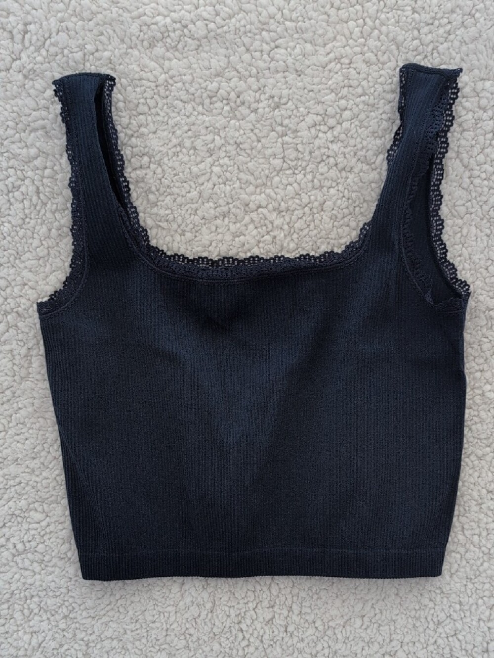 (3) Pack Lace-Trim Ribbed Tank Crop Top Set - Black, Navy, White - Picture 5 of 7